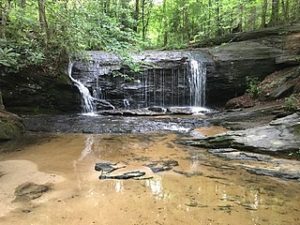 Small waterfall over rocky stream. 