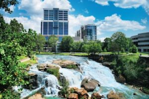 Cascading waterfalls in the city of Greenville SC