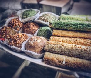 Turkish pastries of various sizes and colors. 