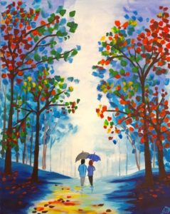 Painting of a couple strolling under colorful trees