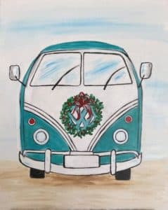 Painting of teal VW van with Christmas wreath.