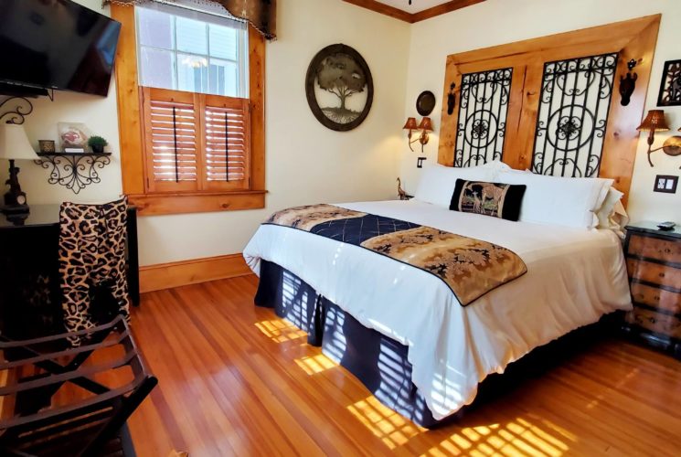 Brass Giraffe room decorated in out of Africa theme, large screen TV, bed and desk