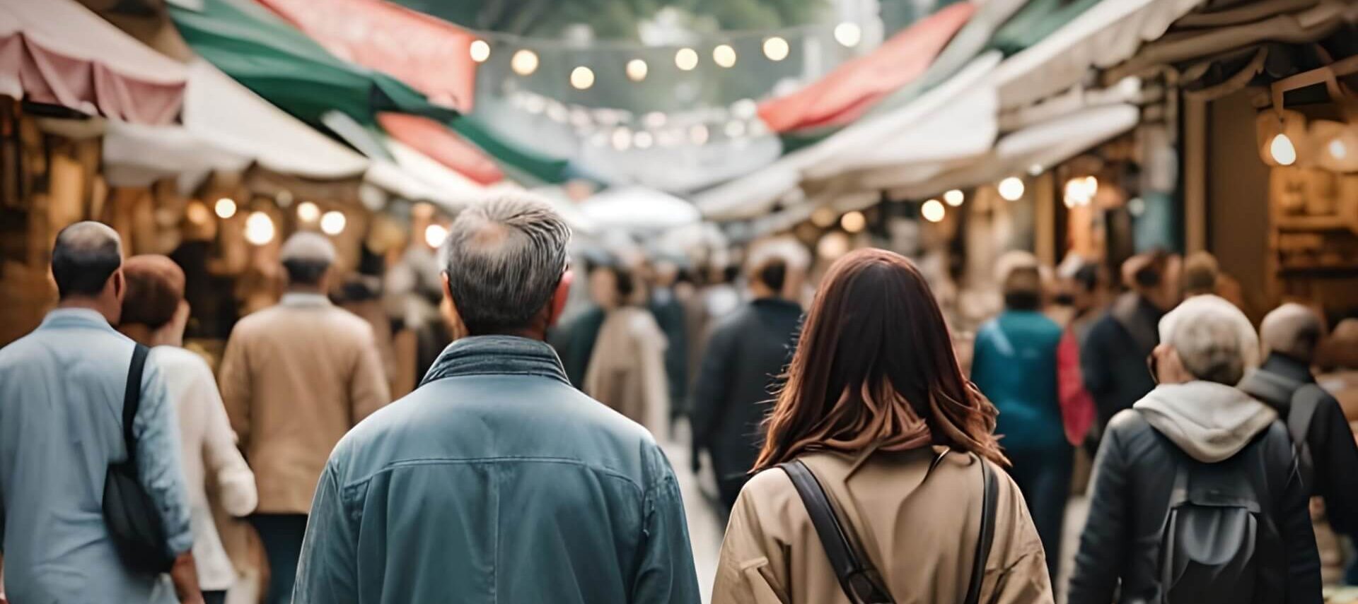 A couple walking through a crowded festival downtown
