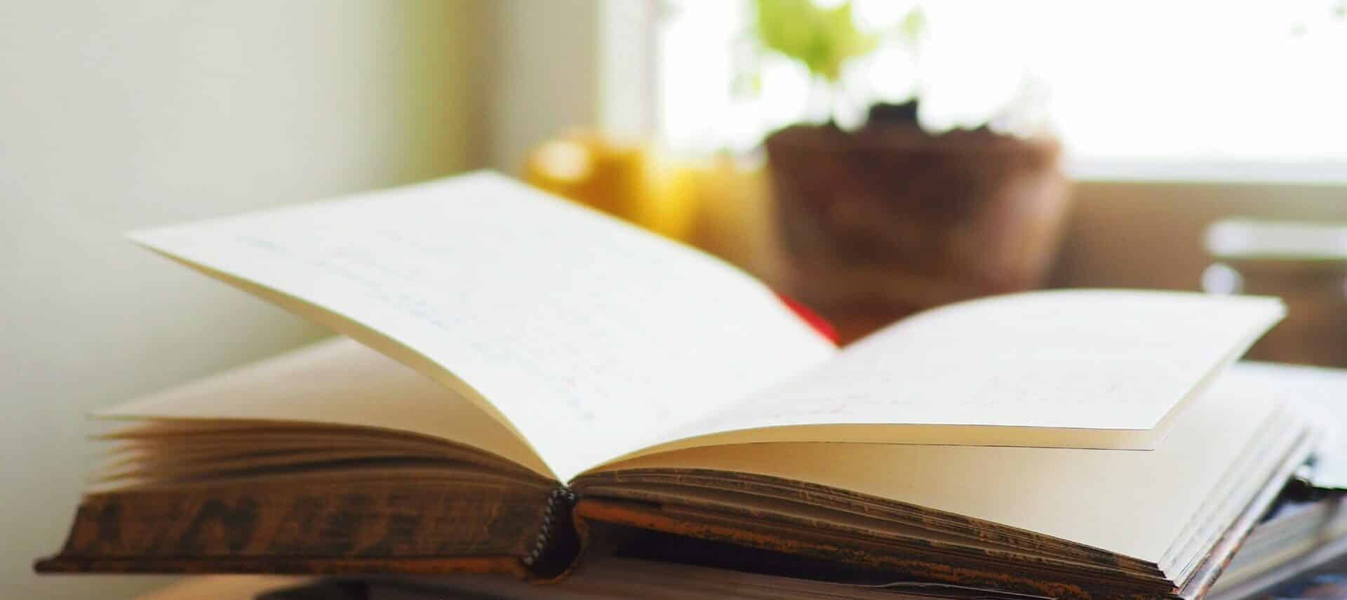 Open book on a table in front of window