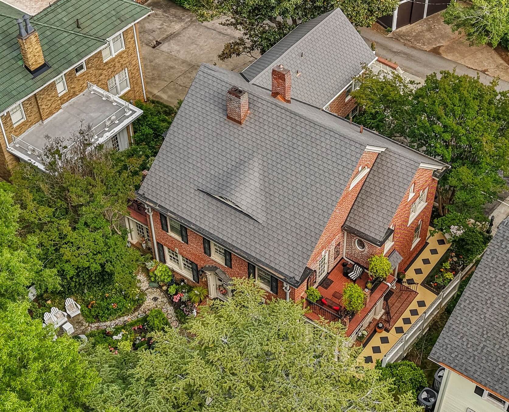 Aerial view of the house and gardens. 