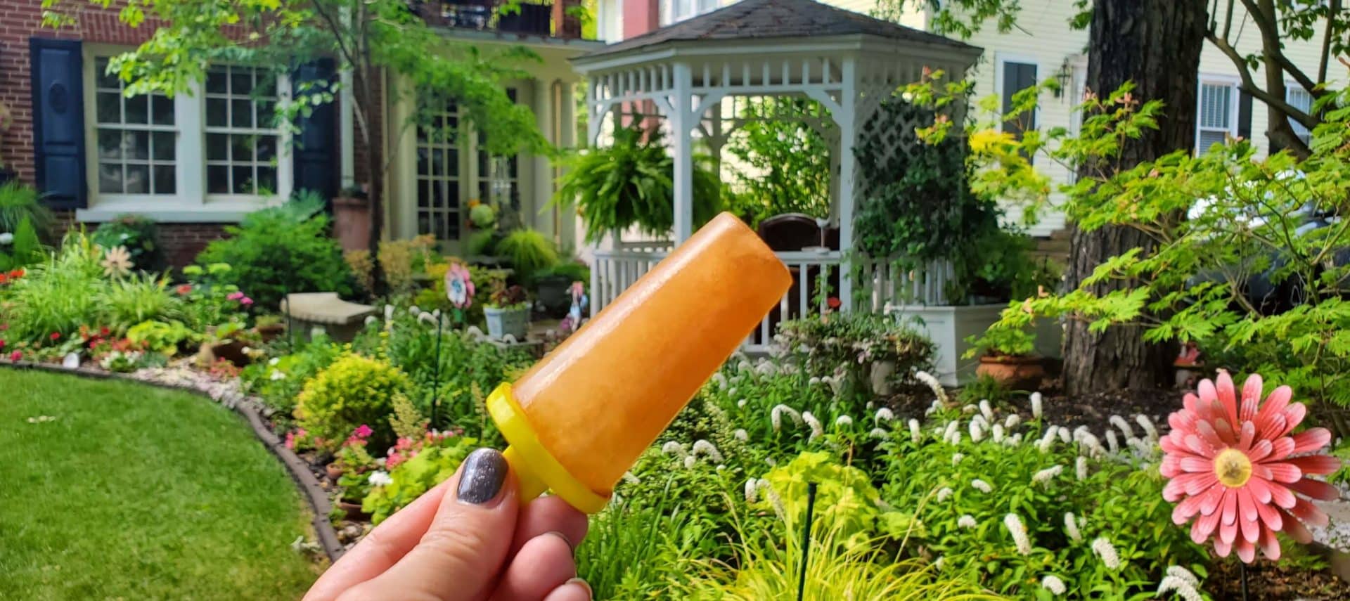 Peach tea popsicle with gazebo in the garden background.