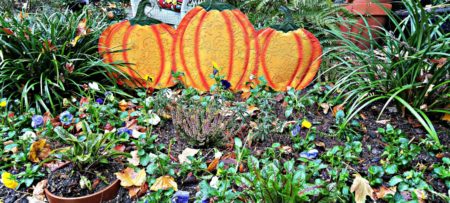 Sign of a trio of pumpkins in garden.
