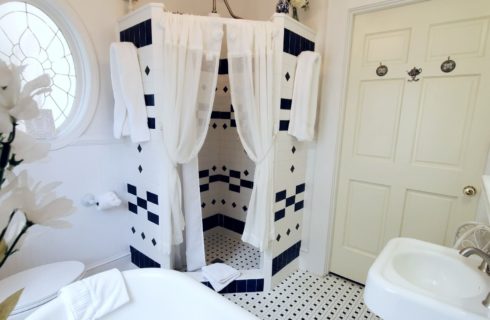 Spacious shower with white and blue tile in large bathroom.