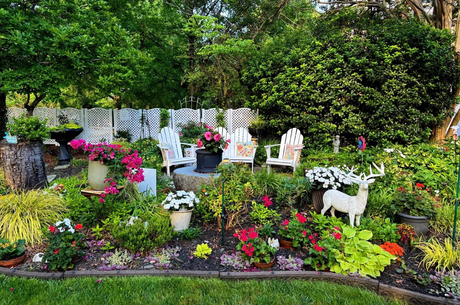brightly colored garden with seating